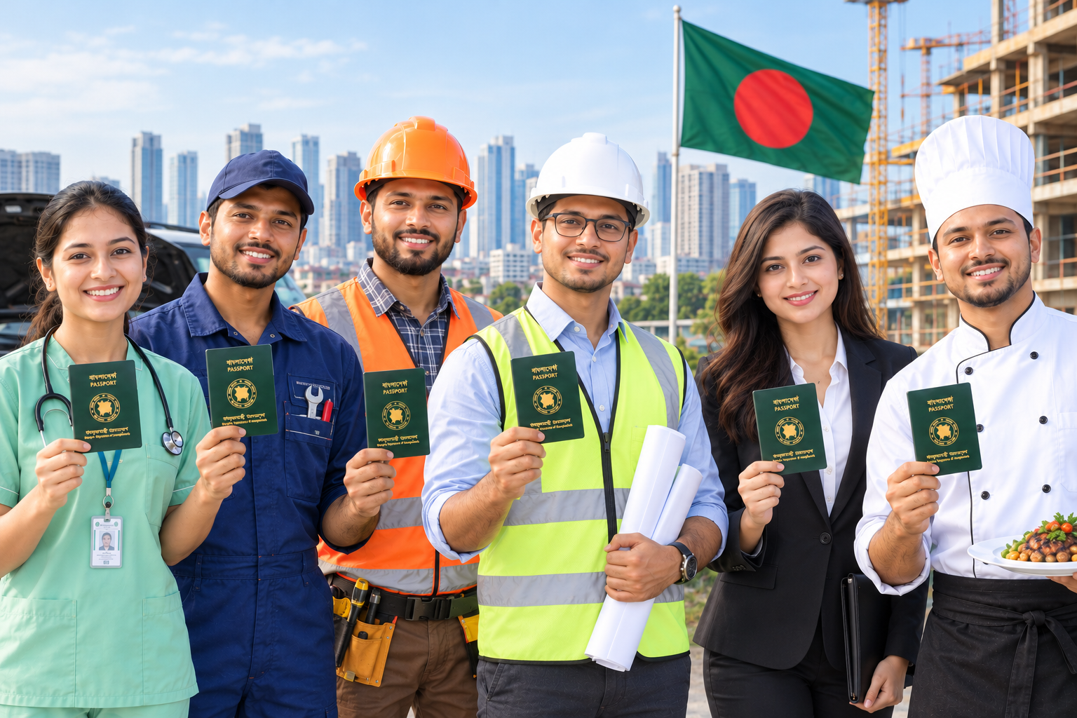 Bangladeshi professionals standing together under the Bangladesh flag