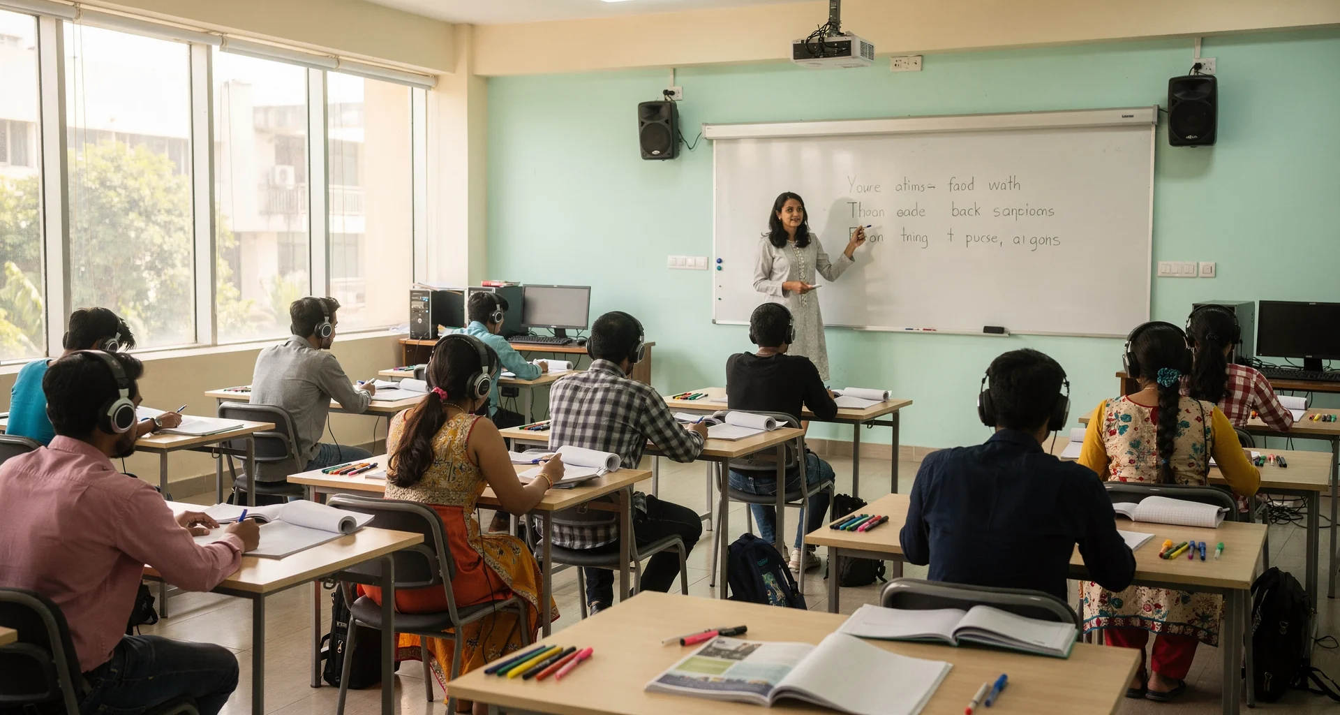 Bangladeshi students studying foreign language curriculum with textbooks and notes in an academic classroom