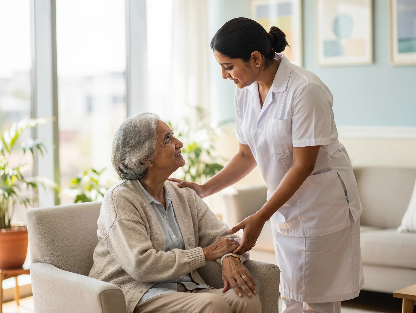 Bangladeshi certified caregiver assisting an elderly resident