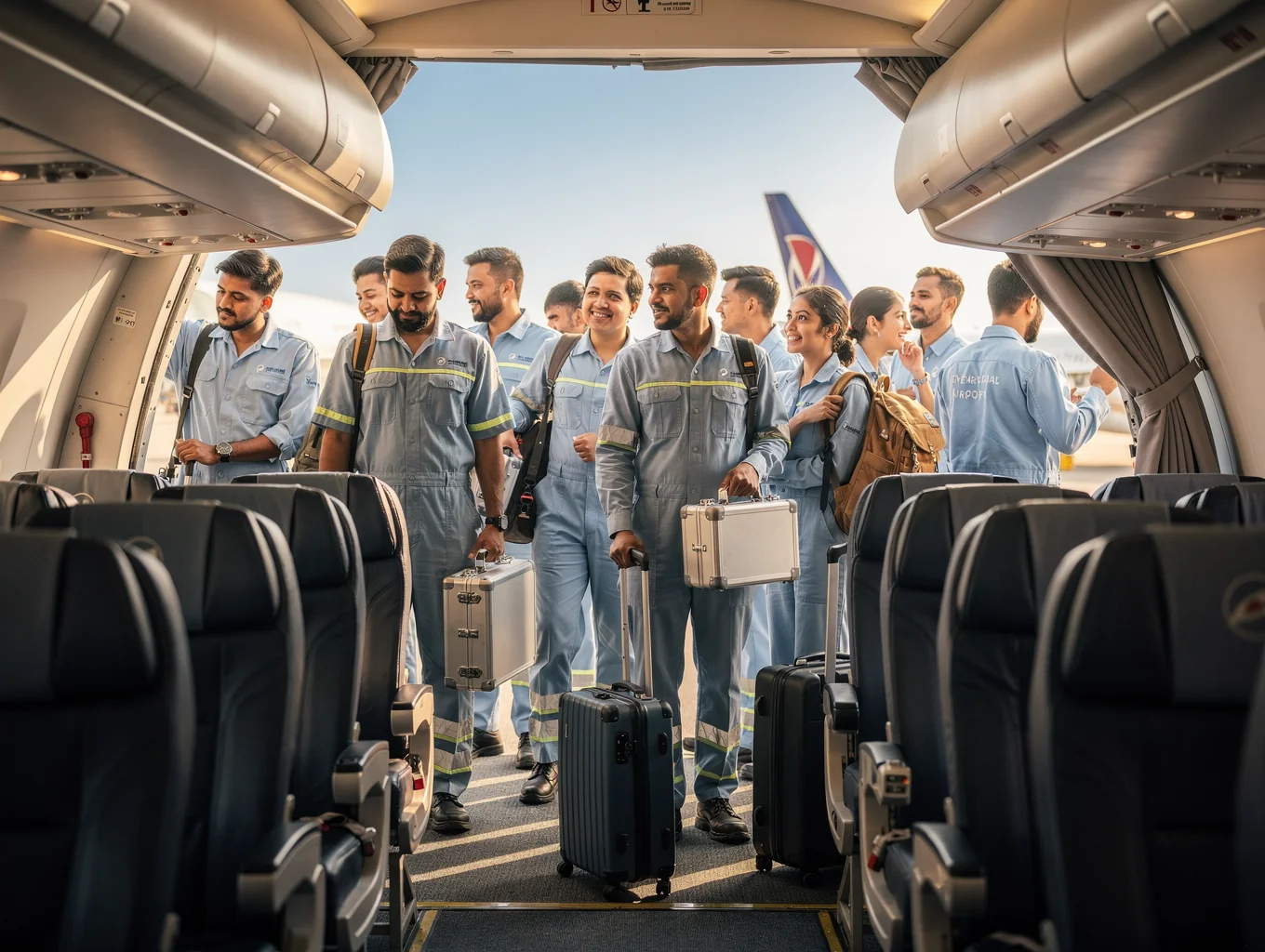Skilled workers boarding flight for international employment placement