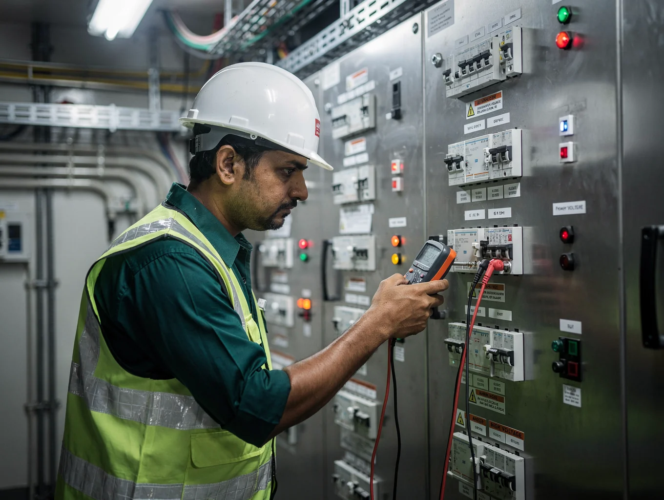 Technician measuring voltage on industrial electrical switchboard