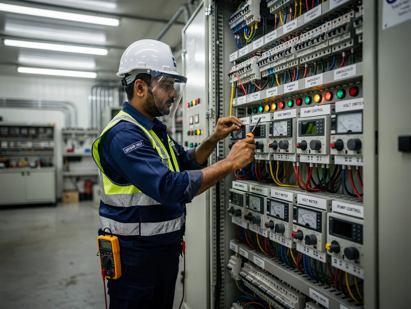 Bangladeshi electrical technician working on commercial panel