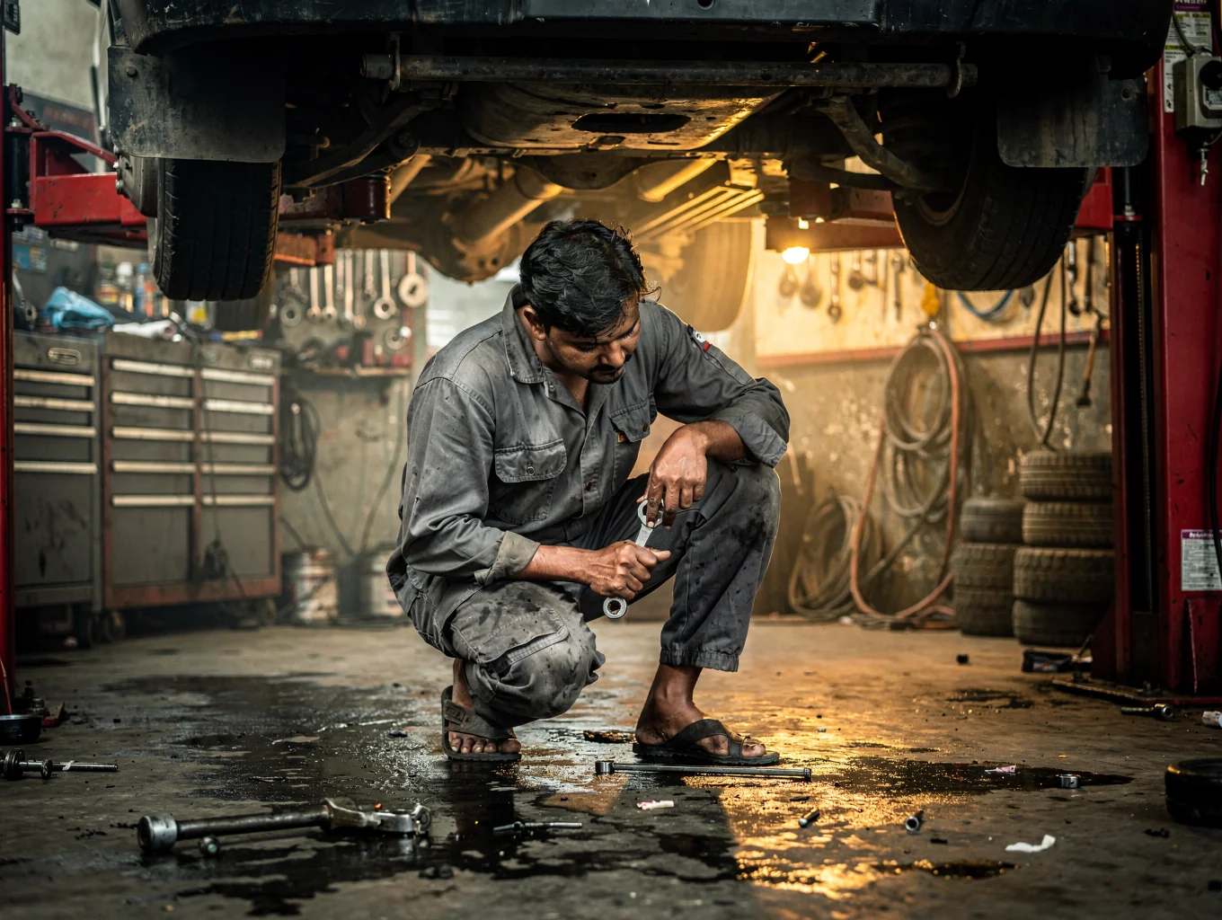 Automotive technician working underneath hoisted automobile