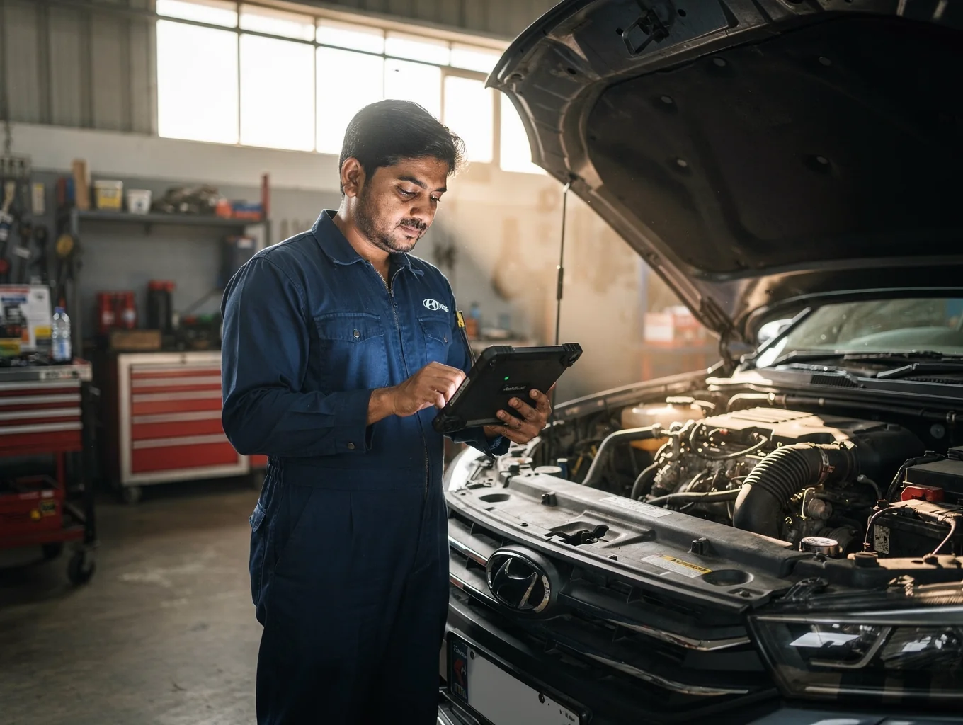 Bangladeshi motor mechanic conducting engine diagnostics