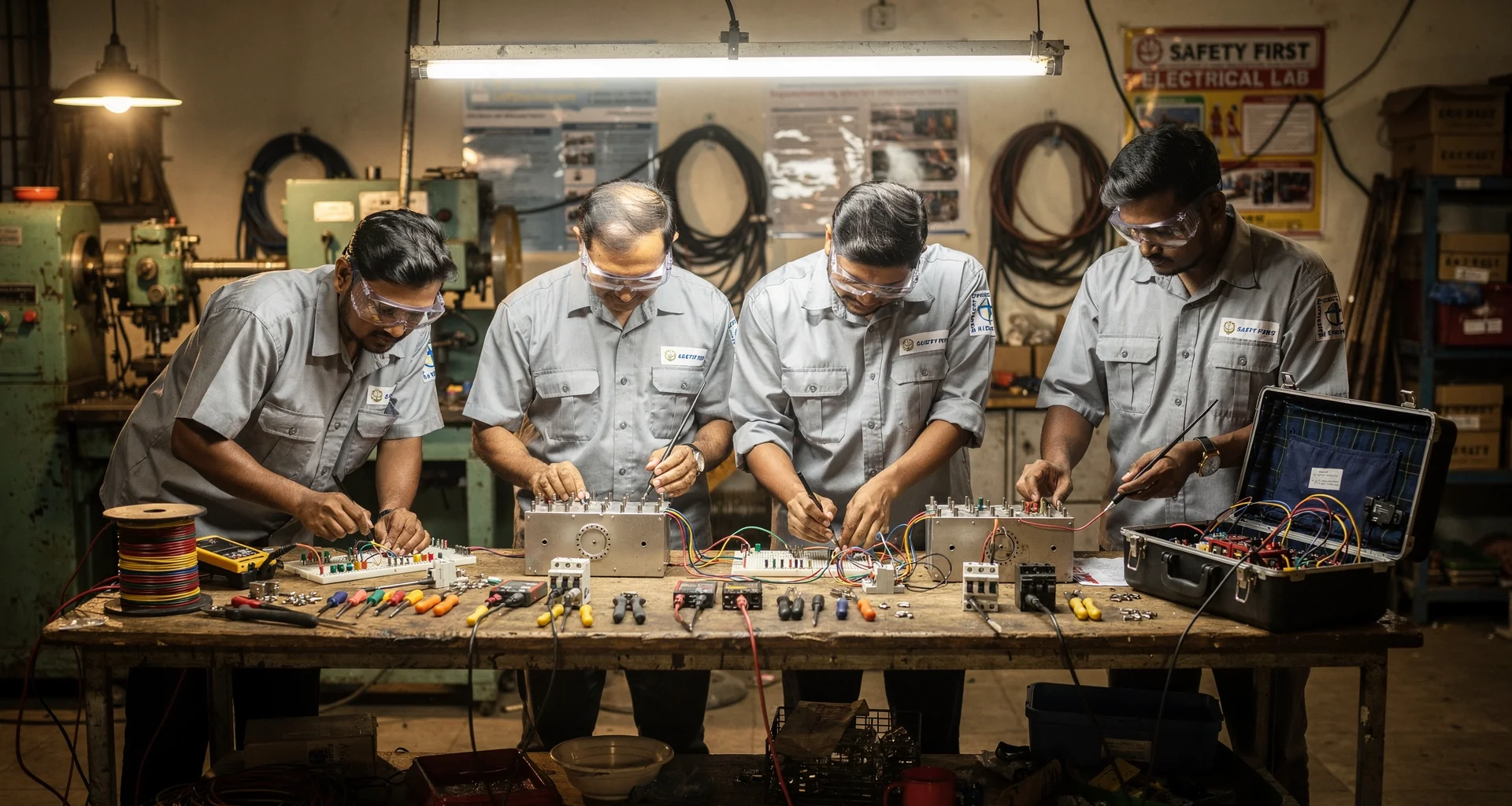 Bangladeshi technical trainees practicing electrical and mechanical skills with equipment in a vocational workshop